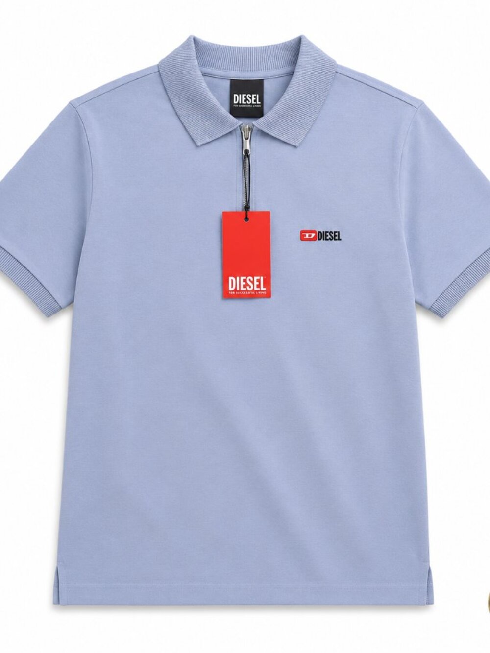 Diesel Men’s Light Blue Quarter Zip Polo Shirt Logo NWT